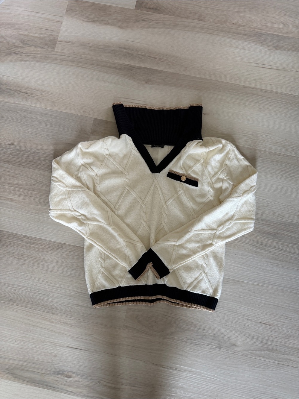 Talbots Cream Cable-Knit V-Neck Sweater with Black Trim